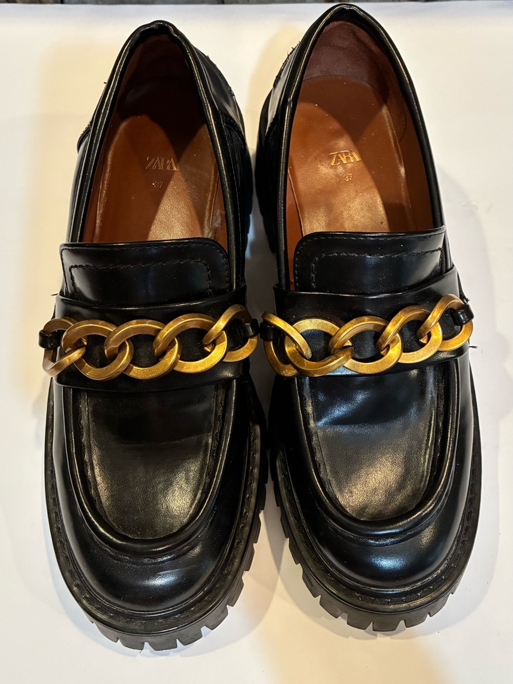 ZARA Black Chunky Platform Chain Lug Sole Heeled Loafers Size EU 37 / US 6.5